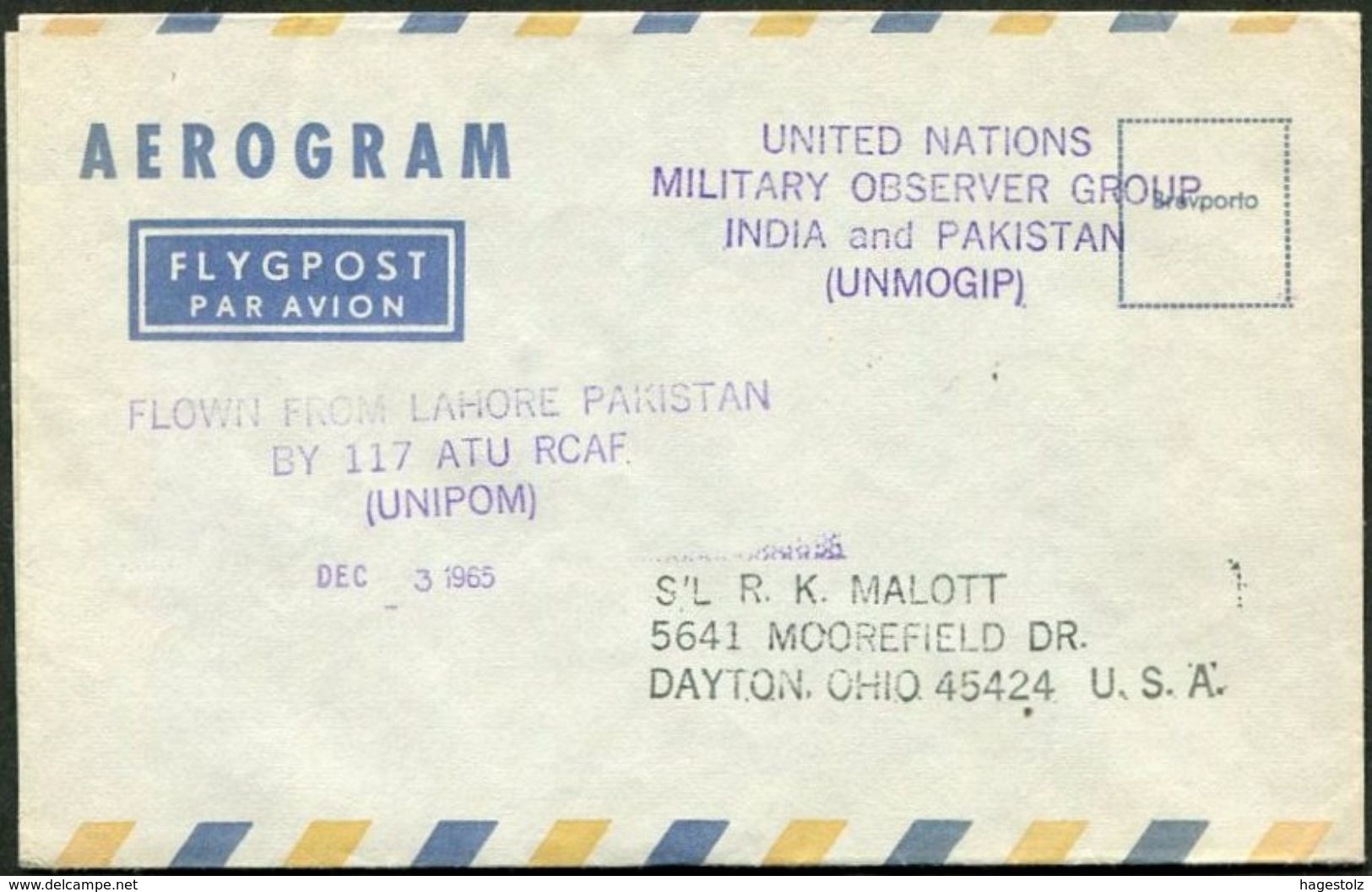 UN Forces 1965 UNMOGIP-UNIPOM India-Pakistan Military Observer Group Canadian Field Post CFPO 5000 Aerogramme Cover >USA - Militaria