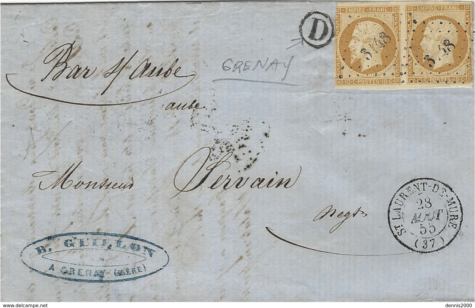 1855- Lettre De ST LAURENT-DE-MURE ( Isère ) Cad T15 Affr. Paire N°13 ( Courte )  + D Boite Rurale De Grenay - 1849-1876: Période Classique