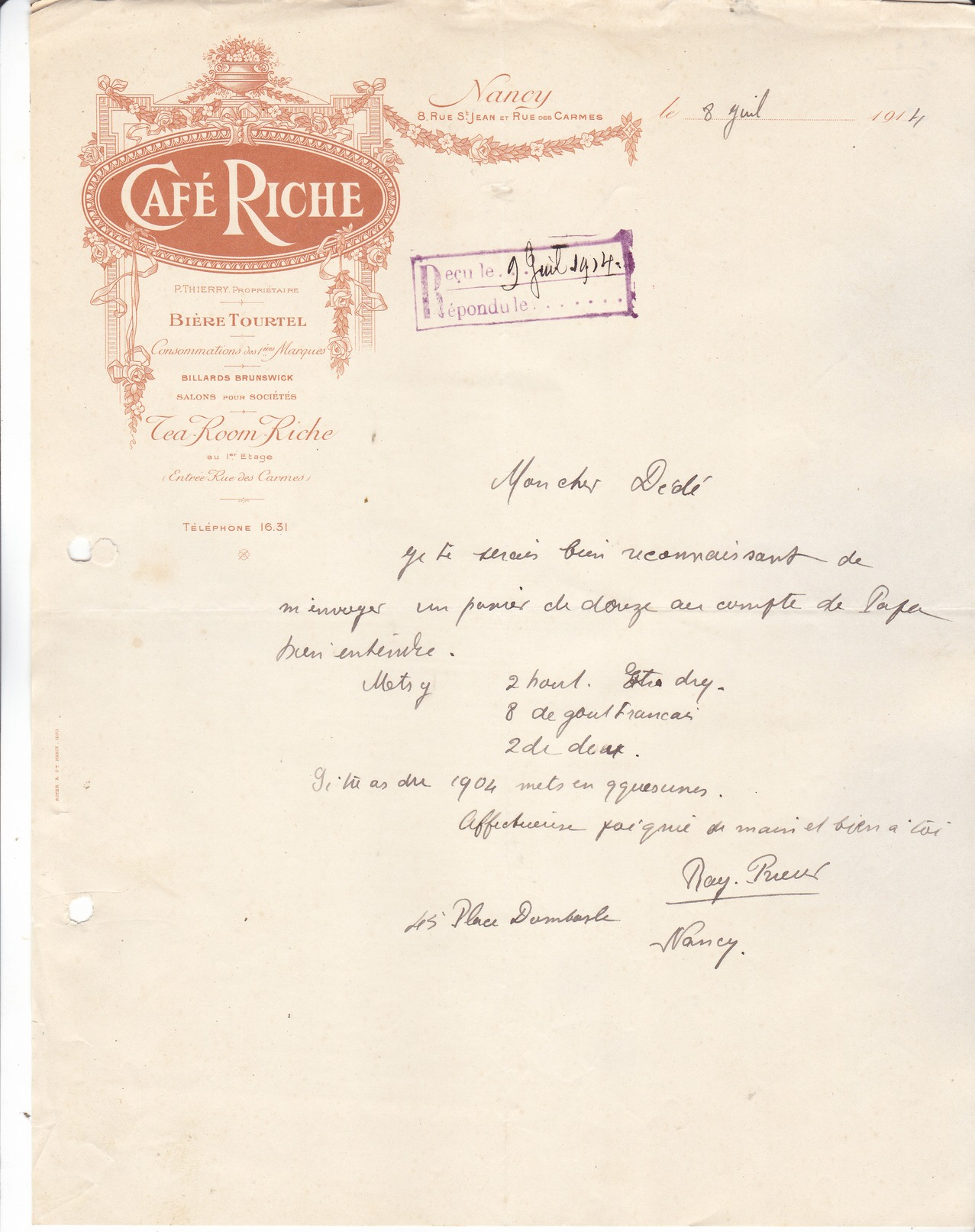 54 Nancy- Café RICHE ,8 Rue St Jean & Rue Des Carmes.. Lettre çillustrée De 1914. Tb état. - 1900 – 1949