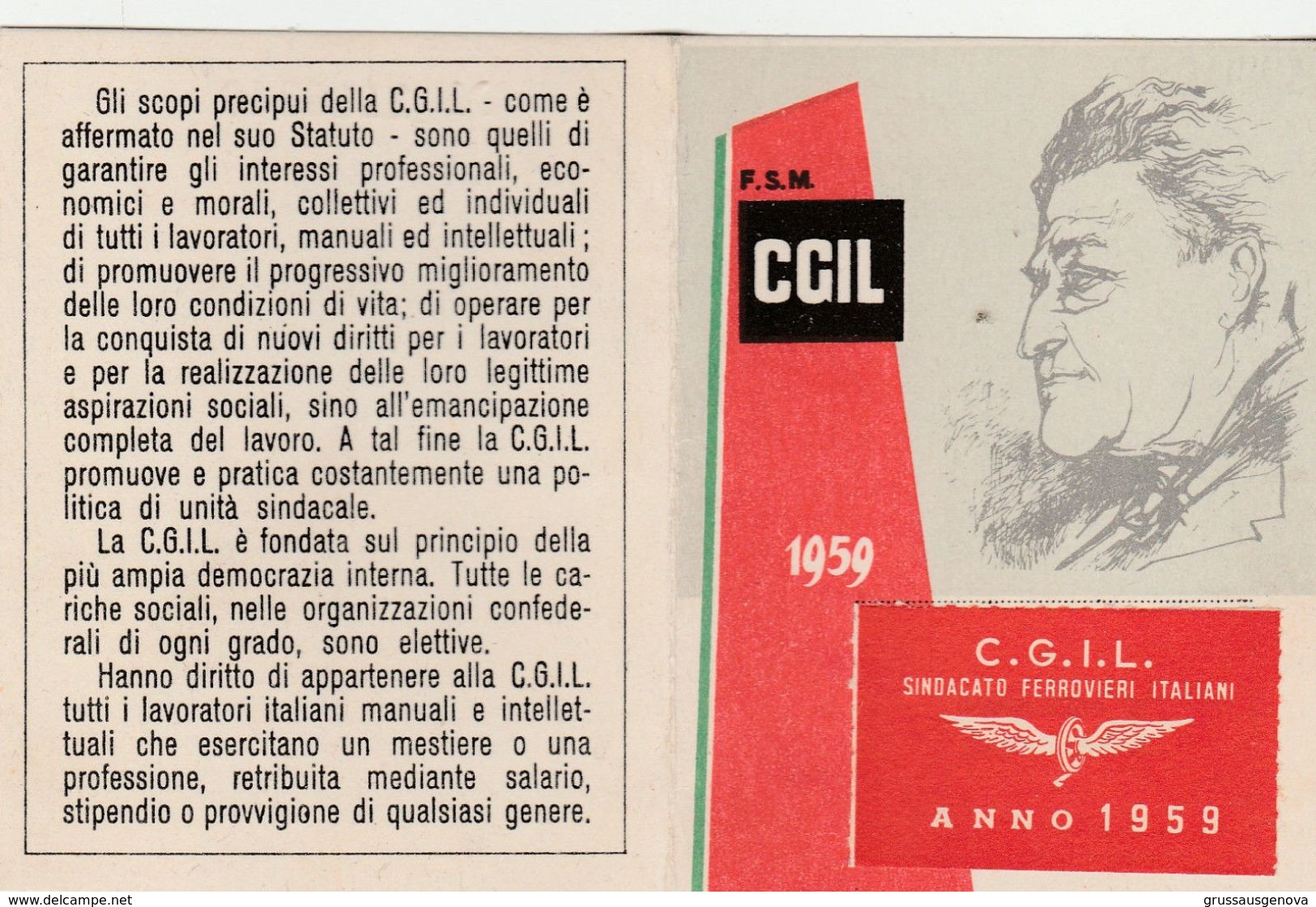 13955) TESSERA CIGL SINDACATO FERROVIERI 1959 - Documenti Storici