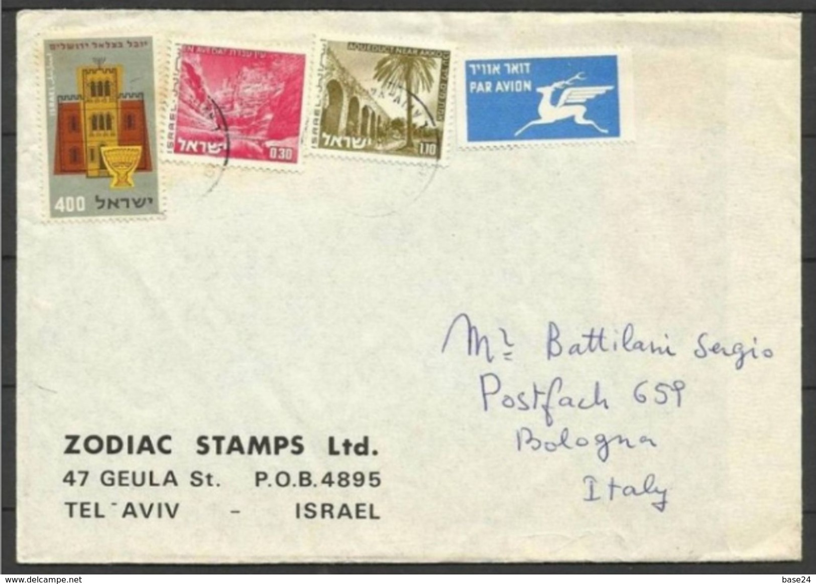 1973 Israele Israel STORIA POSTALE Busta TEL AVIV  BOLOGNA Viagg. Aerea Affr. 3 Francobolli, Air Mail - Storia Postale