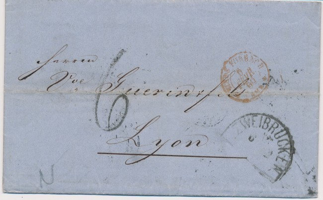 LAC N°561 - Bavière Forbach Amb A - 6 Fevr 60 Rouge + Cachet Demi Cercle Zweibrucken + Taxe 6 - Pr Lyon - B/TB - 1801-1848: Précurseurs XIX