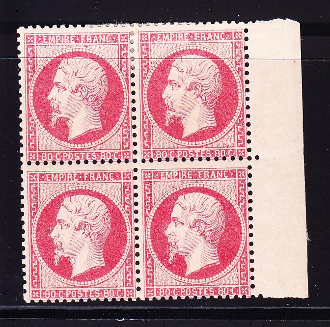 **/* N°24 - 80c Rose - Bloc De 4 - BDF - 2 Ex* Dt Un Point De Rousseur - Signé Calves - Les Autres TB - 1862 Napoléon III