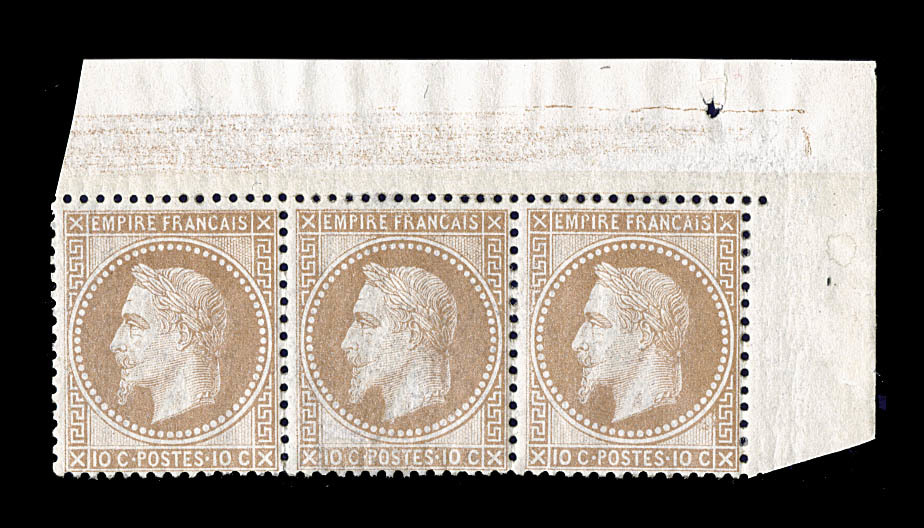 ** N°28B - 10c Bistre - Type II - Bde De 3 - CDF - Signé Roumet - TB - 1863-1870 Napoléon III Lauré