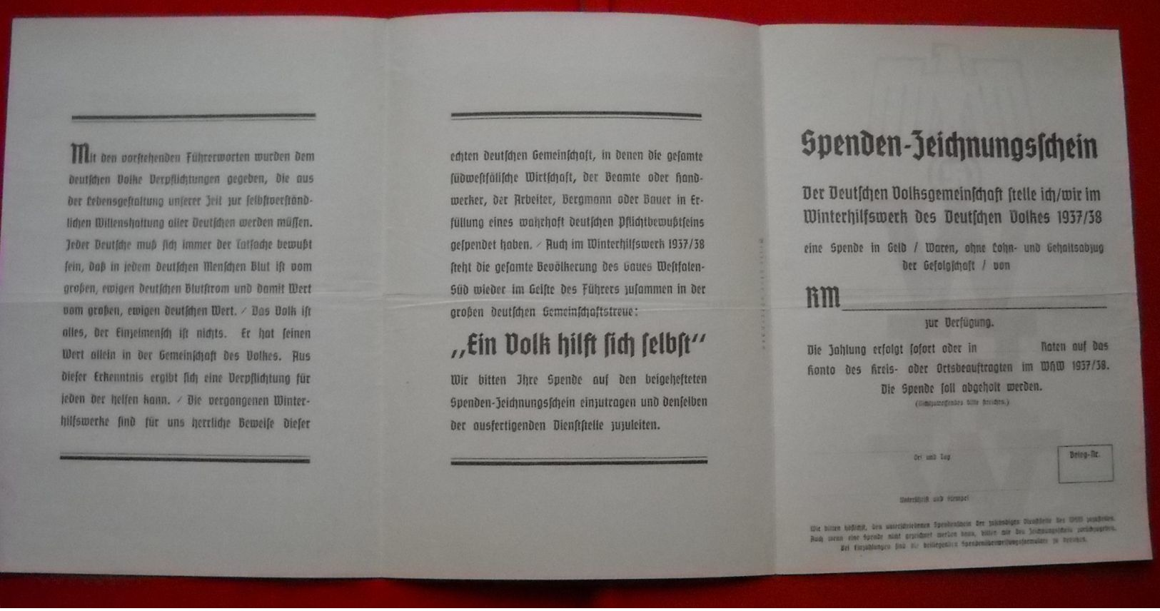 Faltblatt, WHW-Spenden-Zeichnungsschein 1937/38, Ungebraucht - Briefe U. Dokumente