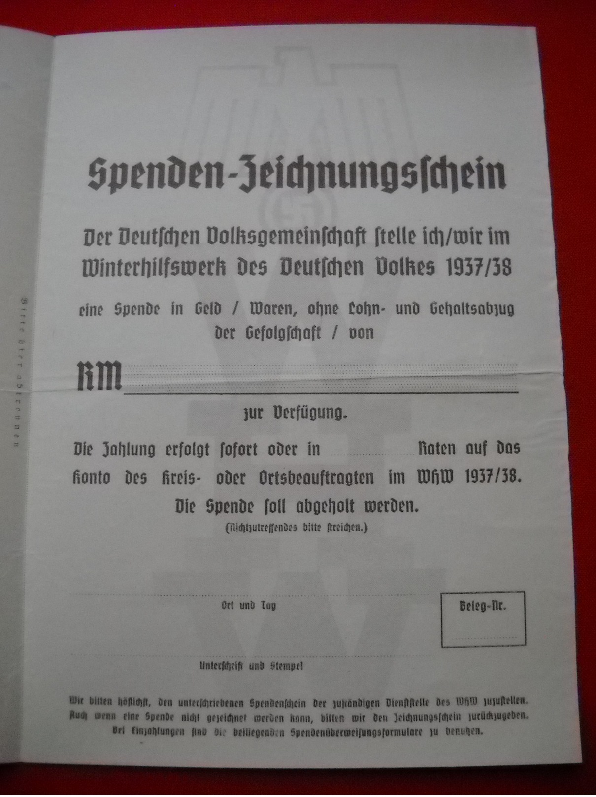 Faltblatt, WHW-Spenden-Zeichnungsschein 1937/38, ungebraucht