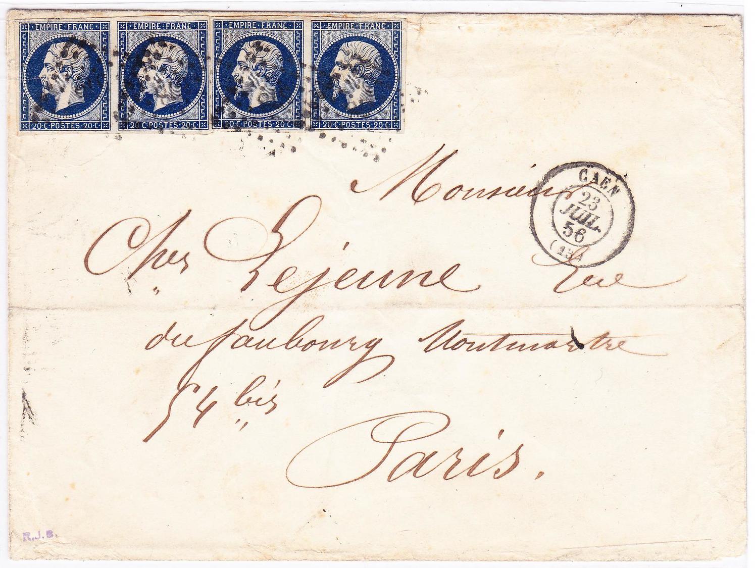 L N°14Ab - 2 Paires Du Bleu Noir - Obl. PC 578 Caen - 23/7/56 - Pr Paris - TB - 1849-1876: Période Classique