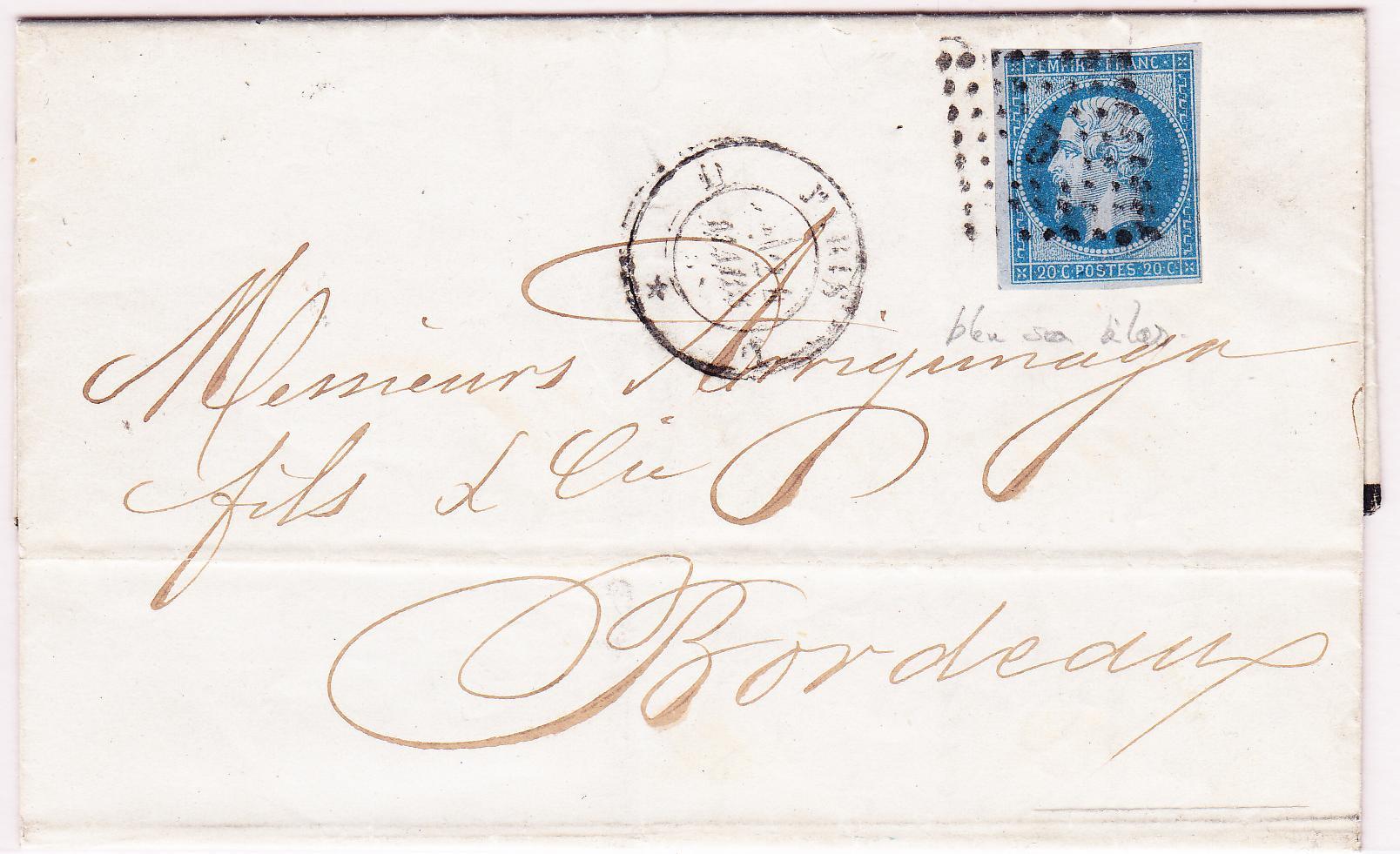 LAC N°14Ac - Bleu S/lilas - Obl. Bur "C" - 24 Mars 58 - Pr Bordeaux - TB - 1849-1876: Période Classique