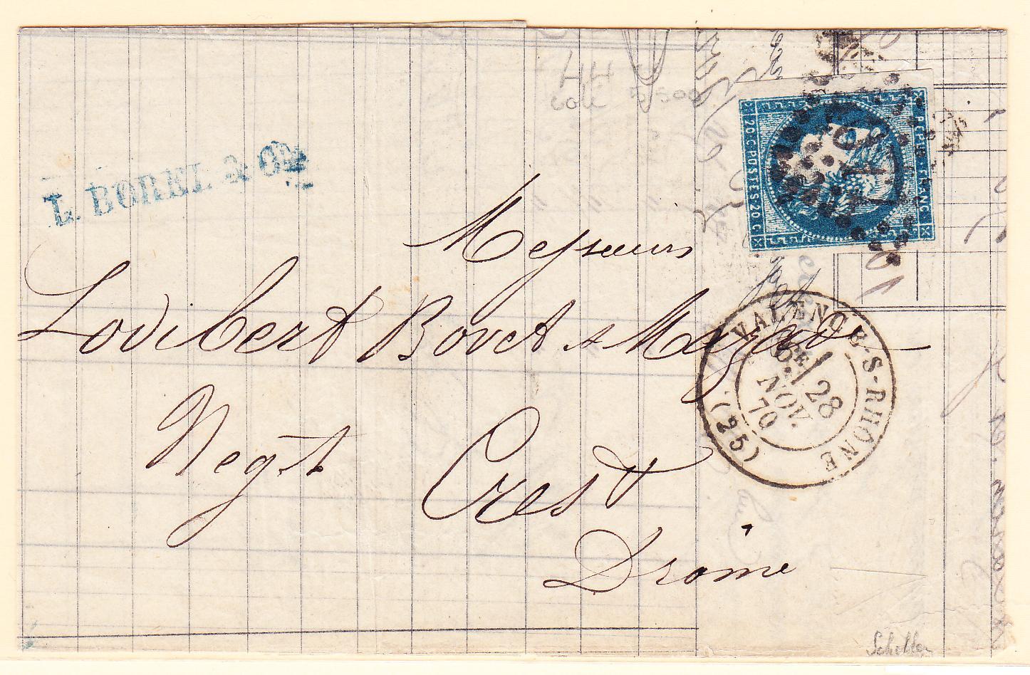 LAC N°44Aa - Bleu Foncé - BDF - Report 1 - Obl. GC 4077 - Càd T17 Valence S/Rhône - 28/11/70 - Pr Crest - Signé Scheller - 1849-1876: Période Classique