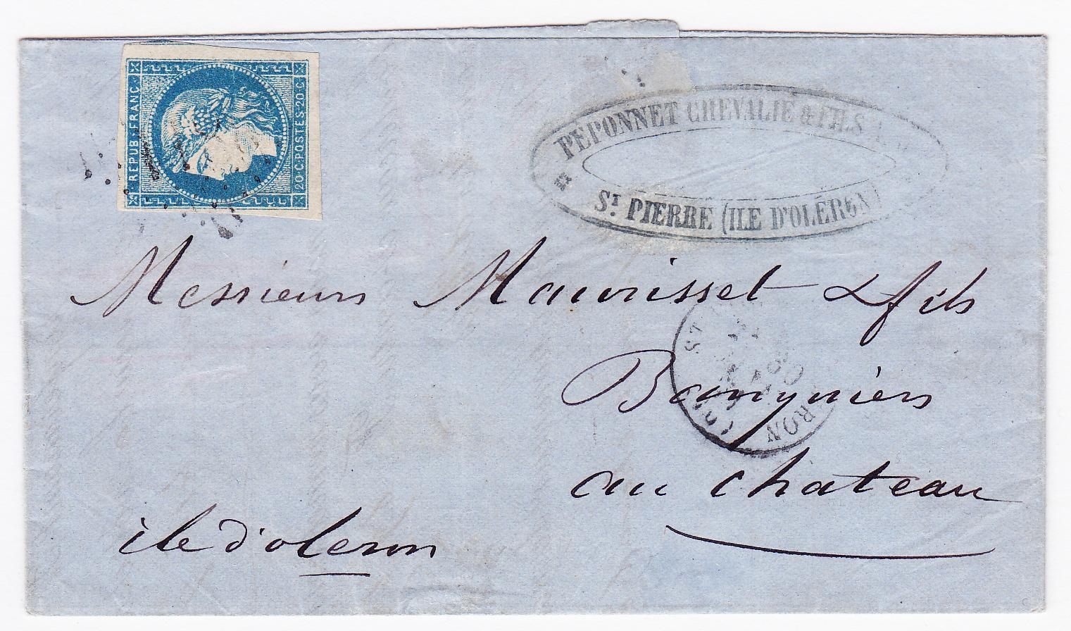 L N°44B - 20c Bleu - Type I - R2 - S/L D'Oléron - TB - 1849-1876: Période Classique