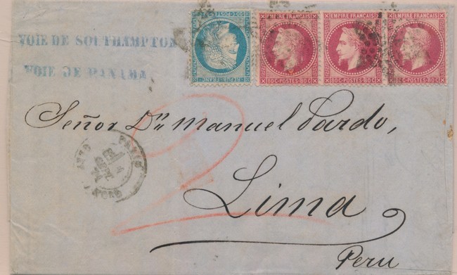 LAC N°32 Bde De 3, N°37 (afft 2F60) Obl étoile Muette - 1er Sept. 1871 - Par Voie De Southampton - Voie De Panama - Pour - Poste Maritime