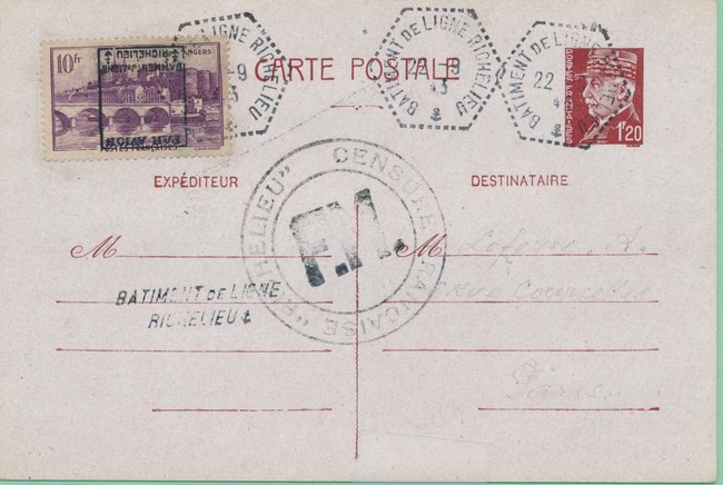 EP N°3 - Obl. Batiment De Ligne RICHELIEU - 22/9/43 + France N°500 Surch. - En Complément S/EP 1,20 Pétain - Rare - TB - Poste Aérienne Militaire