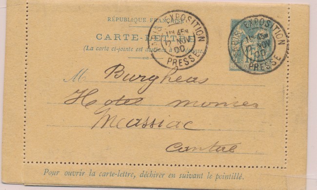 EP SAG J47 - Obl. Paris Expo Presse - 12/11/1900 - TB - Cartes-lettres