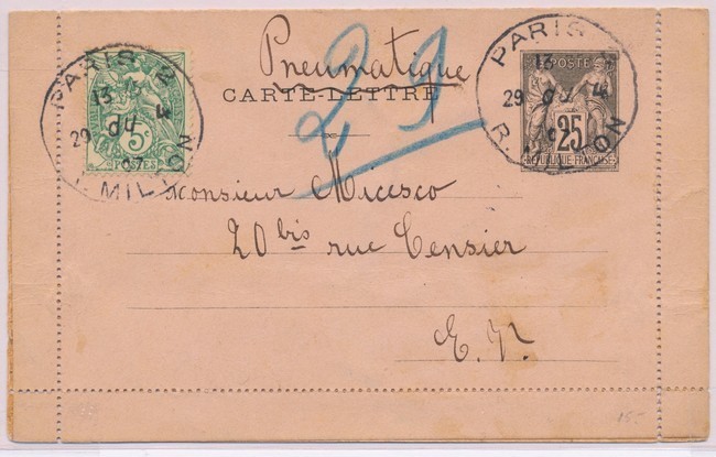 EP SAG L1 - Pneumatique Au Type Sage - 25c Noir + N°111 - Obl. PARIS 1907 - B/TB - Cartes-lettres