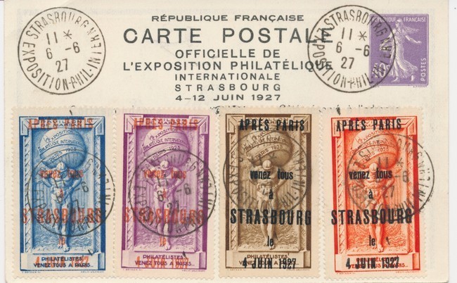 EP SEC Q6 - 40c Violet - Expo Phil. Strasbourg 1927 + 2 Jeux De 4 Vignettes - Oblit. Expo - TB - Cartes Postales Types Et TSC (avant 1995)