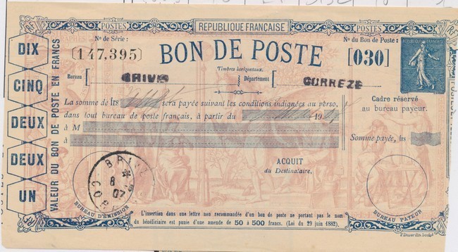 EP SEL K2 - Bon De Poste - Type Semeuse Lignée Sans Valeur De Brive Avec Récépissé (1907) - TB - Autres & Non Classés