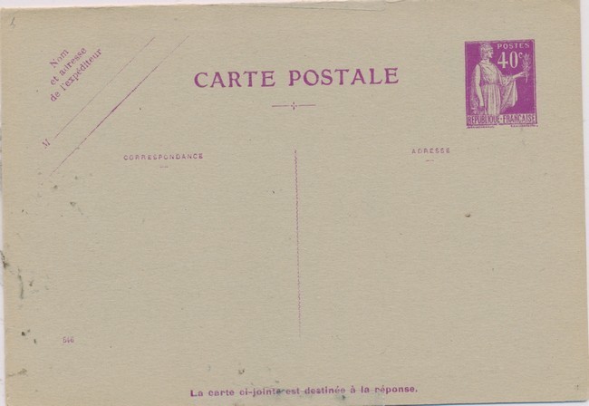 EP PAI A6a - 40c Paix - Date 546 - TB - Cartes Postales Types Et TSC (avant 1995)