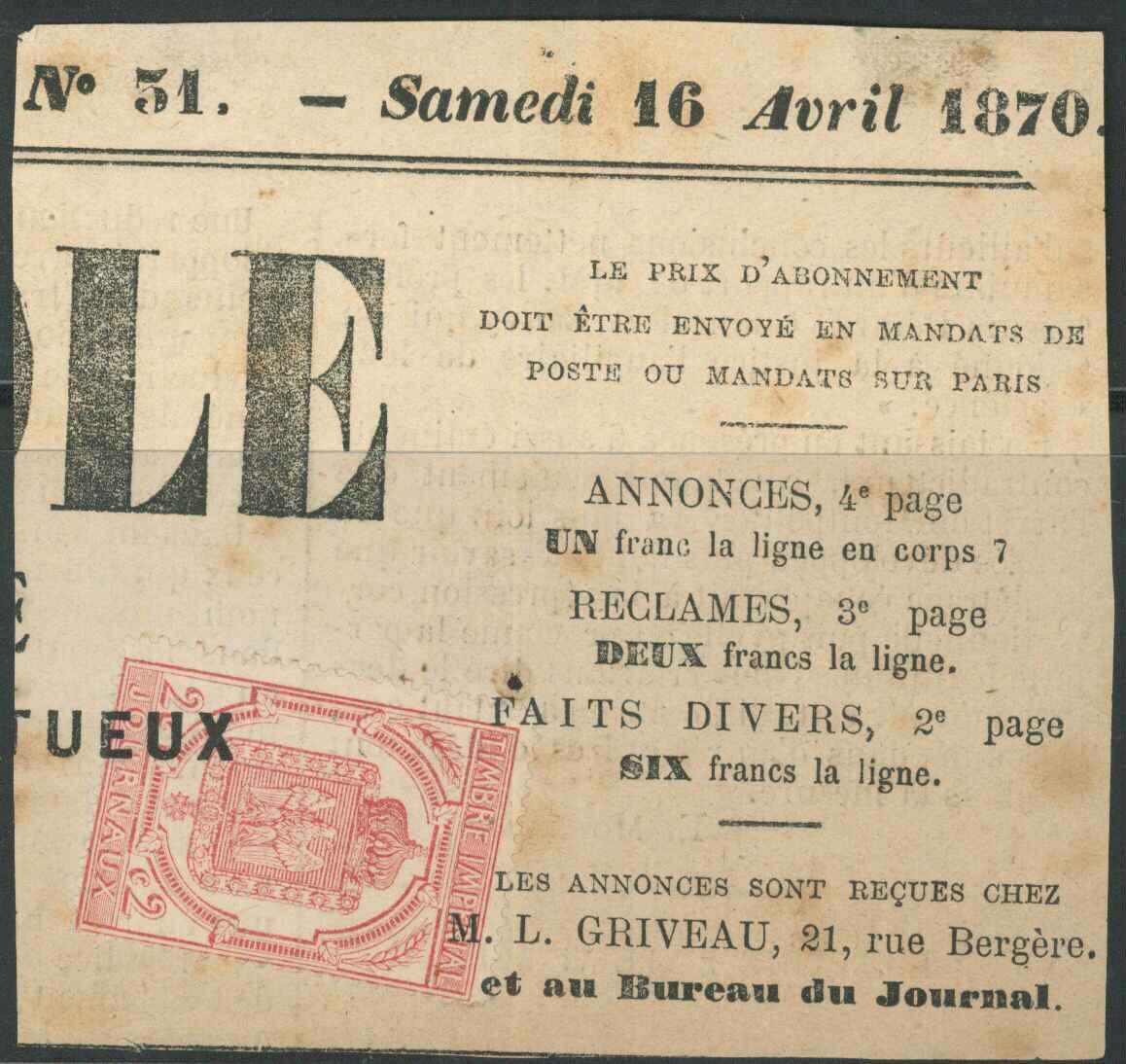 F N°9 - S/grd Fgt "Petit Echo De Rome" - 20 Fév. 1870 - TB - Journaux