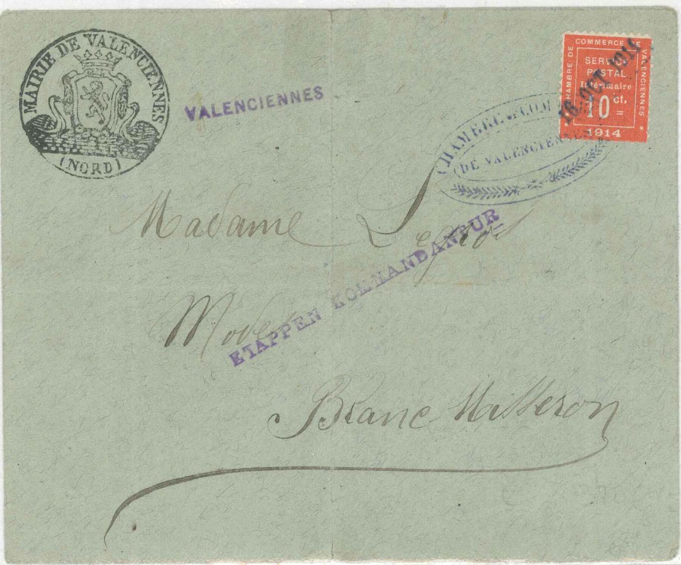 L N°1 - Valenciennes - Obl. Chbre De Commerce - 16/10/14 + Cachet Mairie + Griffe Etappen Kommandantur - B/TB - Guerre (timbres De)