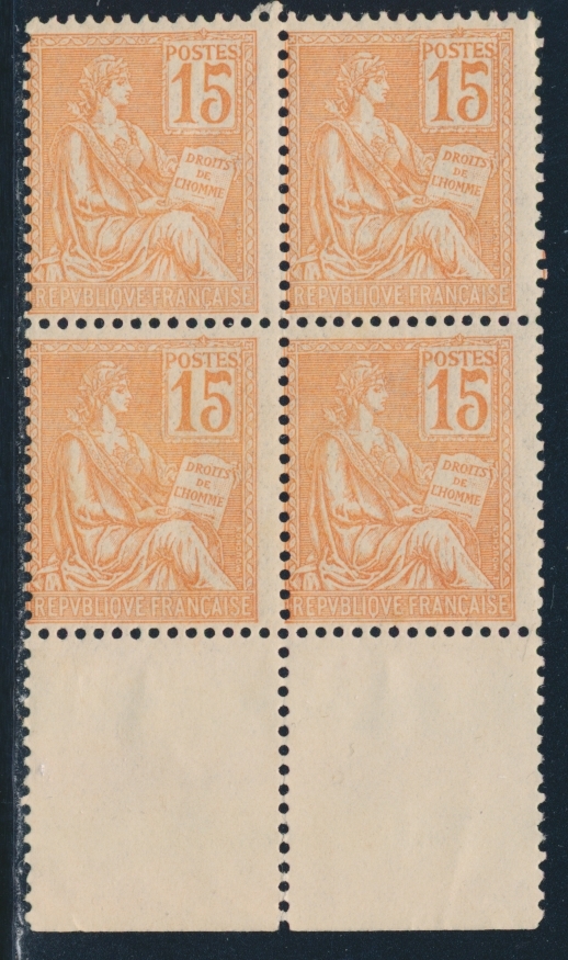 ** N°117 - 15c Orange - Bloc De 4 - BDF Inf. - Recto-verso Partiel S/2 Ex - TB - Neufs