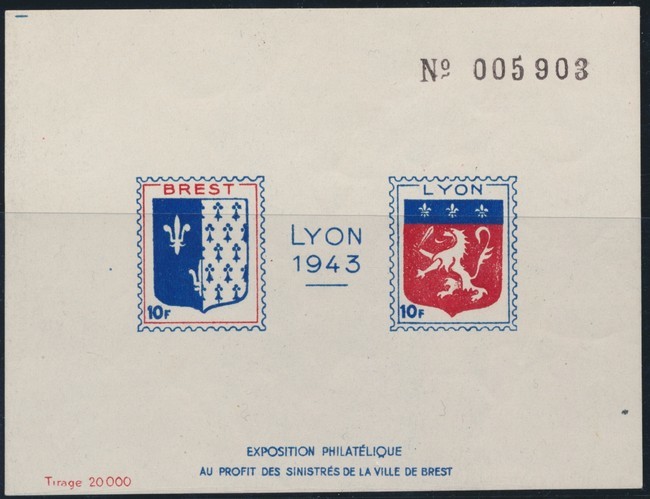 ** Expo. Phil. Lyon 1943 - "Au Profit Des Sinistrés De Brest" - Bloc Avec Blasons Lyon Et Brest - TB - Autres & Non Classés