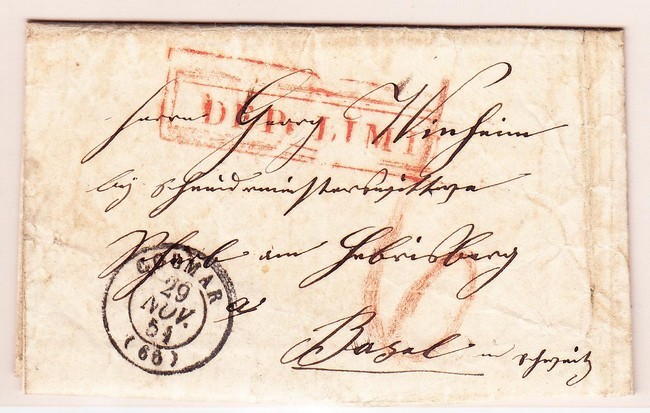 LAC Pli De Colmar - 29/11/1854 - Pr Bâle - Avec Cachet Rect. "DEPT LIMIT" En Rge - B/TB - Lettres & Documents