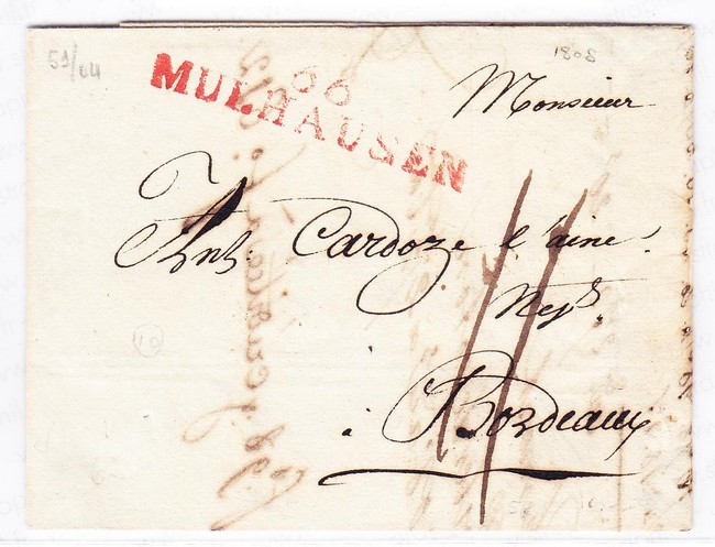 LAC 66 MULHAUSEN - 03/08/1808 - Marque De Départ En Port Dû - Taxe Manus De 11 Déc (Afft Corr.) - 51x11 Rge - 1798/1812  - Lettres & Documents