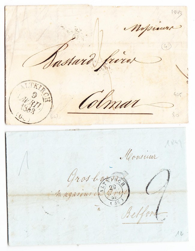 L ALTKIRCH - 3 Avril 1843 - T13 + 28 Nov 49 T15 - 2 Plis - B/TB - Lettres & Documents
