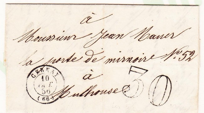 LAC T15 Cernay - 1856 - Pour Mulhouse - Taxe 30Dt - TB - Lettres & Documents