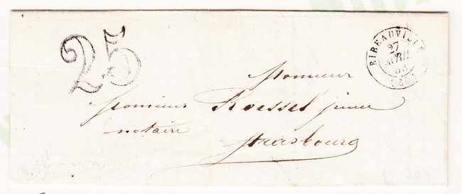 LAC T15 Ribeauvillé - 1853 - Pour Strasbourg - Taxe 25 Dt - TB - Lettres & Documents