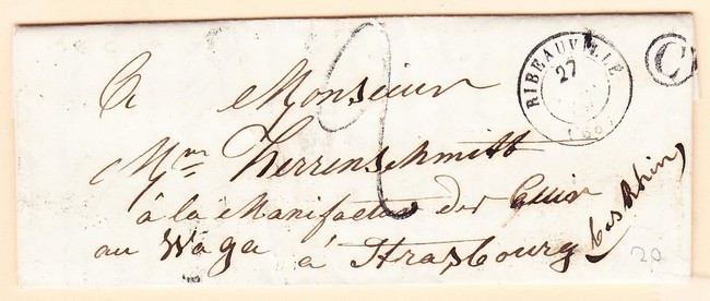 LAC T15 Ribeauvillé (1849) + CF "C"= St Hippolyte + Taxe Tampon 2 - B/TB - Lettres & Documents