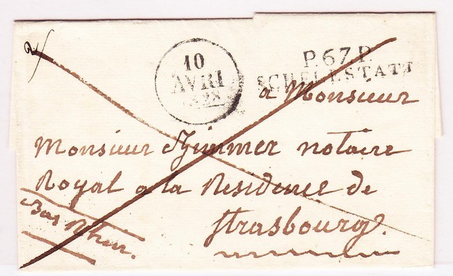 LSC P67P SCHELESTATT - 10/04/1828 - Pr Strasbourg - TB - Lettres & Documents