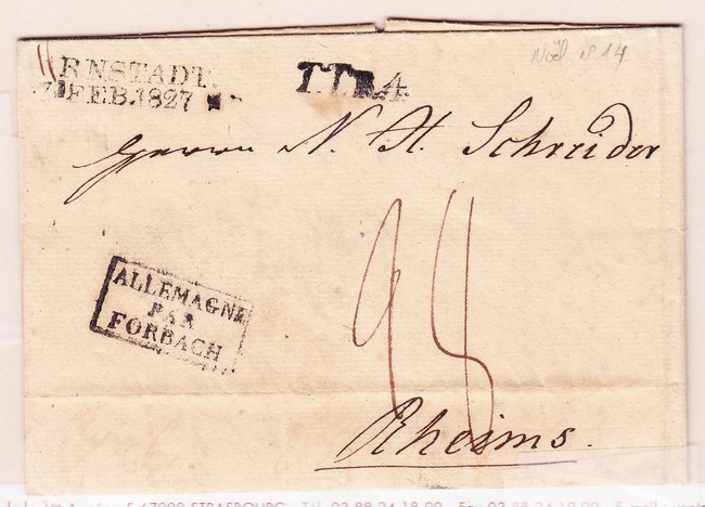 LAC N°14 - Allemagne Par Forbach + Arnstadt 7 Feb 1827 + TTR4 + Taxe Manus. 28 - Pr Reims - TB - 1801-1848: Précurseurs XIX