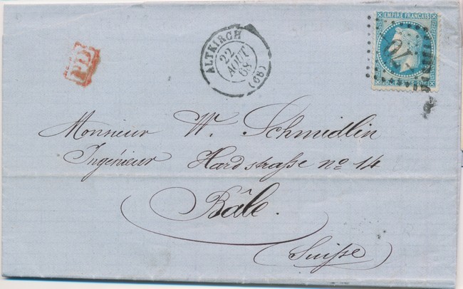 L N°29 - Obl. GC 70 - Altkirch - T15 - 22/8/1868 - Pr Bâle - Tarif Frontalier Pr La Suisse + PD En Rge - TB - Lettres & Documents
