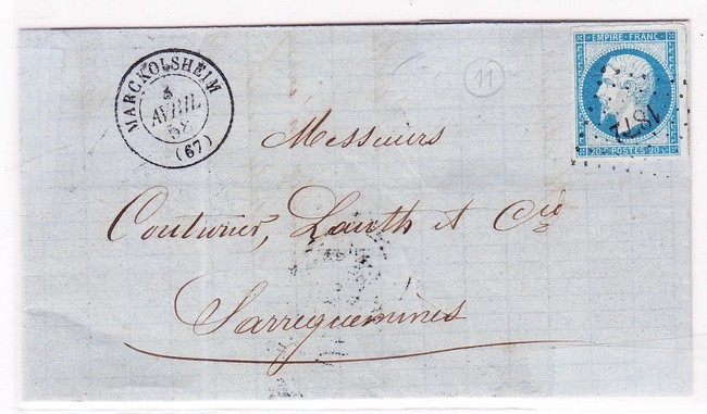 LAC N°14 - PC 1872 + T15 Marckolsheim - 8 Avril 58 - TB - Lettres & Documents