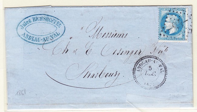 LAC N°29 - Obl. GC 94 + T22 Andlau Au Val - 5/12/(1868) - B/TB - Lettres & Documents