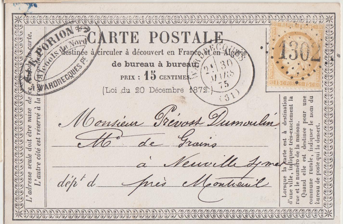 CP N°55 - Obl. GC 1302 - T17 Wardrecques - 30/3/1875 - Remplaçant De Dieuze - TB - Lettres & Documents