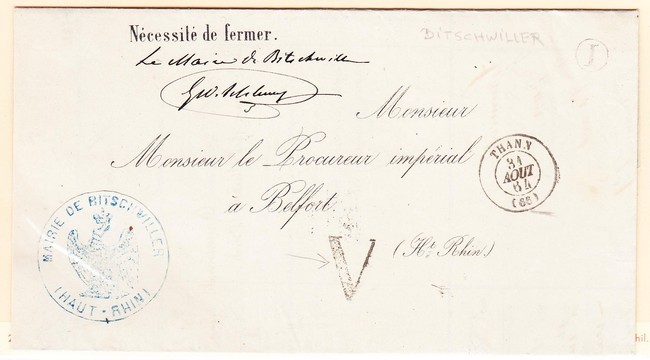 LAC Thann - 31 Aout 64 - T15 - Pli En Franchise Cachet Mairie De Botscwiller Aigle B) + CF "I" = Bitschwiller - TB - Lettres & Documents