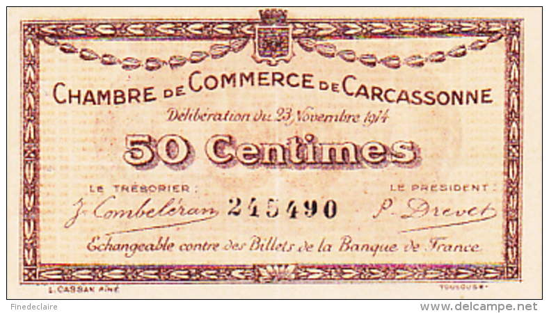Chambre De Commerce De Carcassonne - 50 Centimes - 23 Novembre 1914 - Sans Filigrane - Chambre De Commerce