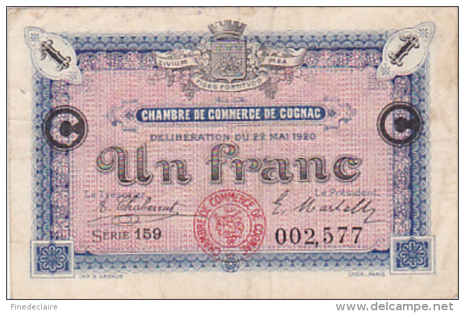 Billet Chambre De Commerce De Cognac - Un Franc - Série 159 - 22 Mai 1920 - Sans Filigrane - Chambre De Commerce