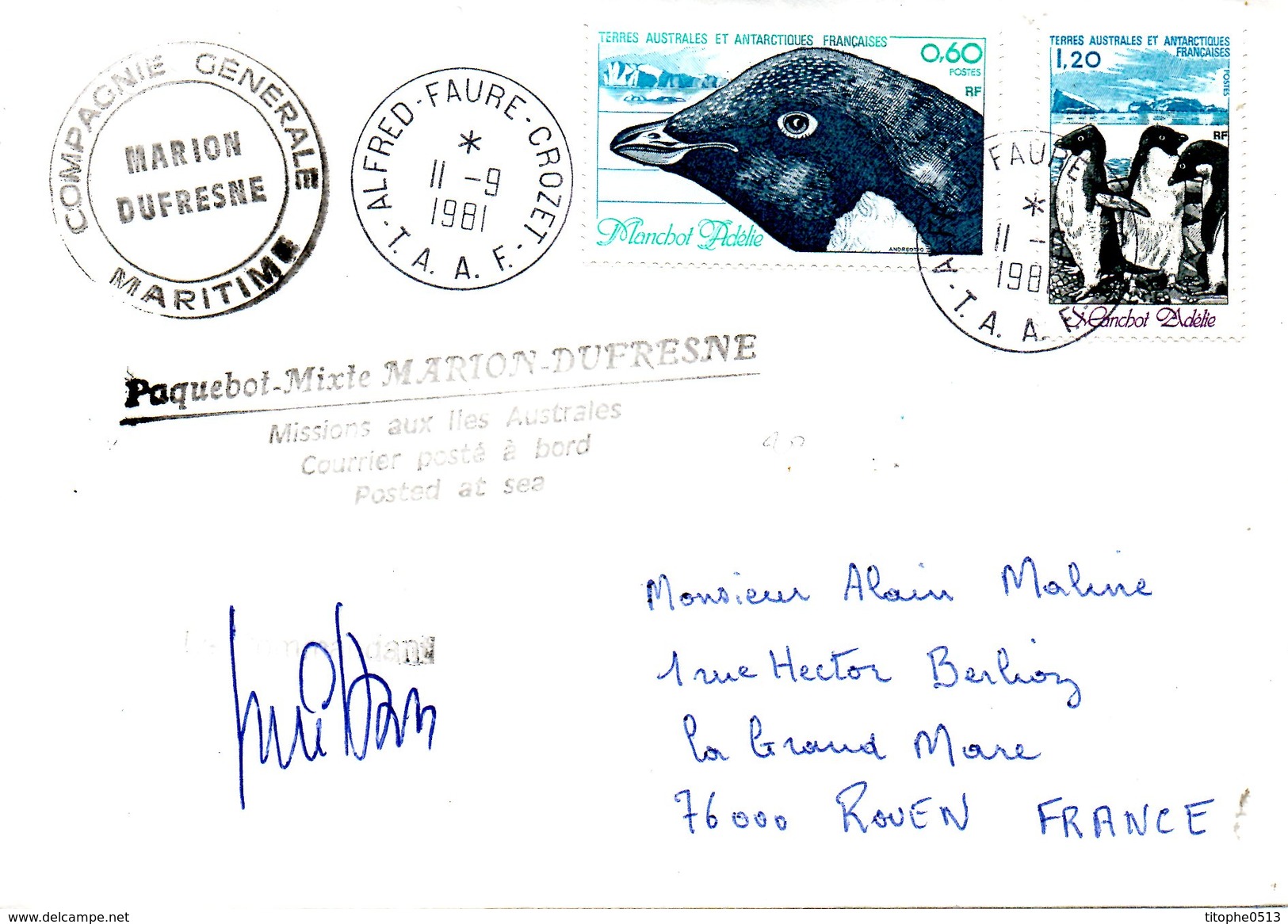 TAAF. N°87-8 De 1980 Sur Enveloppe Commémorative De 1981. Paquebot Marion-Dufresnes. - Polar Ships & Icebreakers