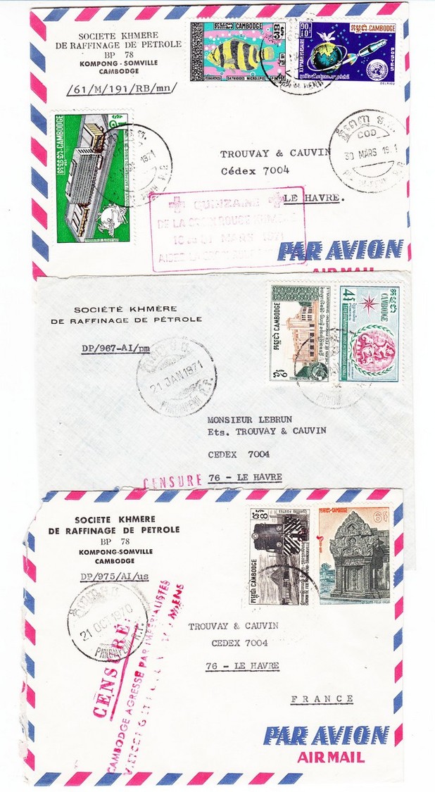 L République KHMERE - Lot De 3 Plis Censurés De PNOM PENH - Datés De 1970/71 - Pr Le Havre - TB - Cambodge
