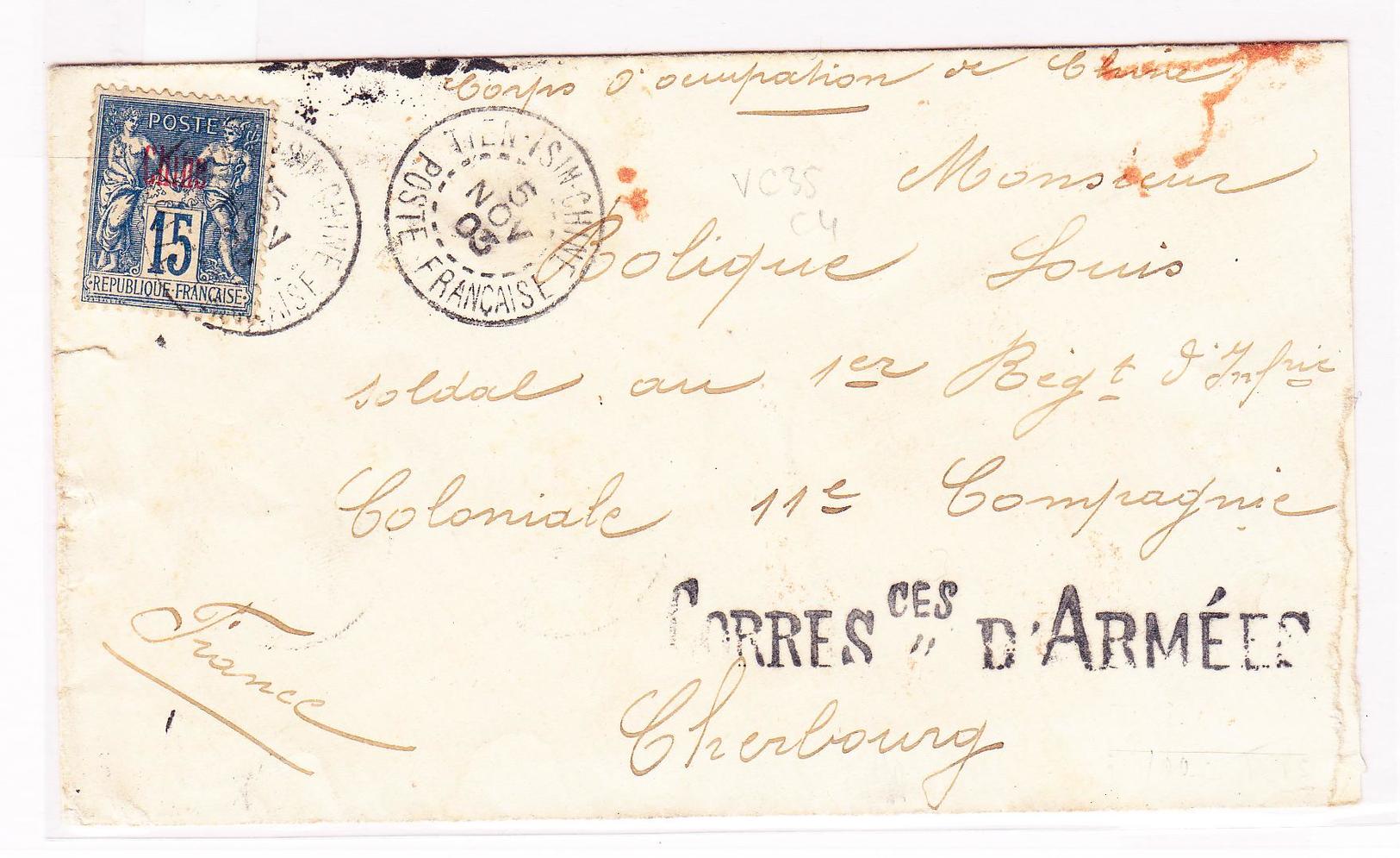 L N°6 - Obl. Tientsin/CHINE - 5/11/1903 + Griffe Linéaire "Corres. Ces.D'ARMEES" - Pr Cherbourg - TB - Autres & Non Classés