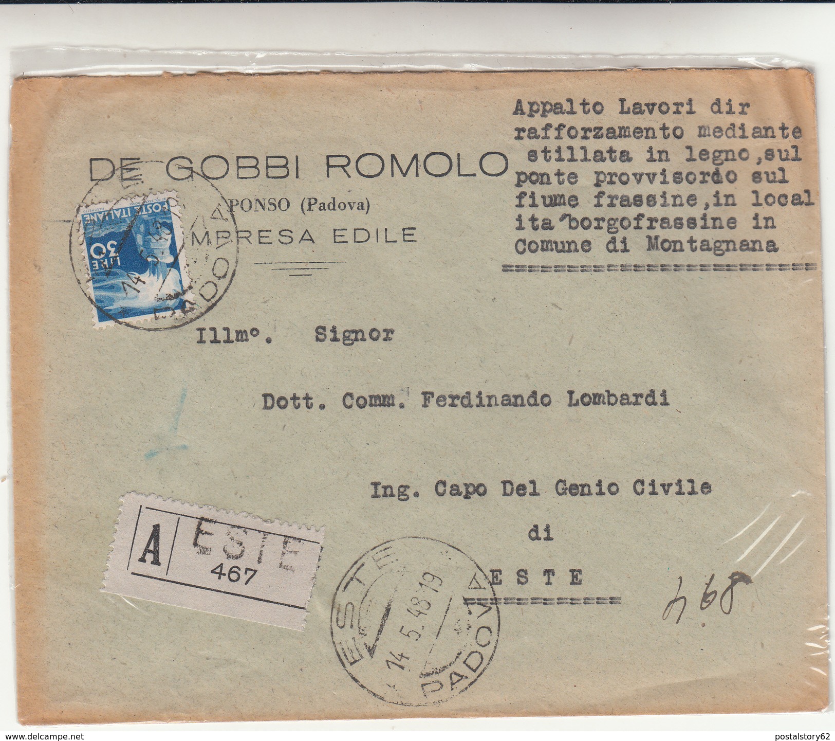 Este Per Città Su Assicurata, Cover Con Lire 30 Isolato 1948 - Assurés