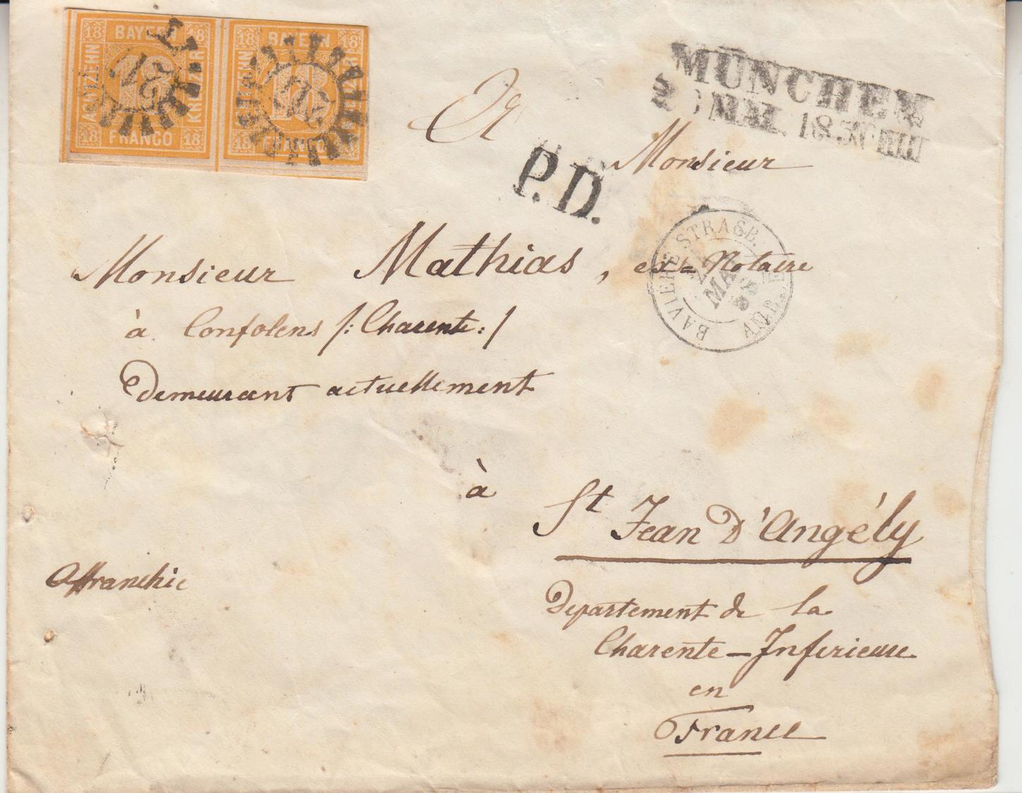 L N°8 - Paire - 18k Ocre - Obl. "217" - MUNCHEN - Mai 1856 - Pr St Jean D'Angély - B/TB - Autres & Non Classés