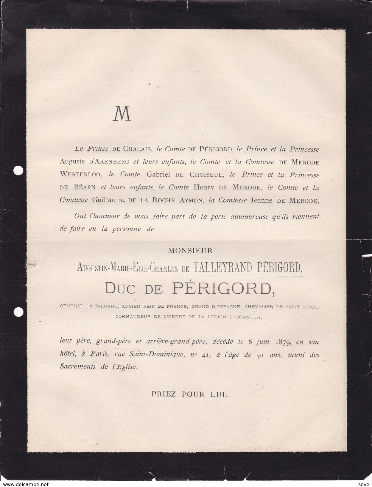 PARIS Augustin De TALLEYRAND PERIGORD Général Brigade 91 Ans 1879 D'ARENBERG MERODE WESTERLOO LA ROCHE AYMON - Obituary Notices