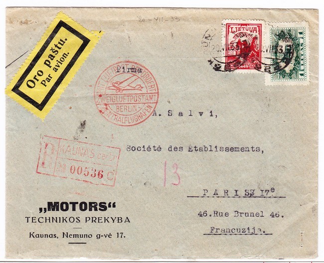 L Pli De KAUNAS - En Rec - 20/7/33 - S/env. Rec Commerciale - Via Berlin - Pr Paris - TB - Lituanie