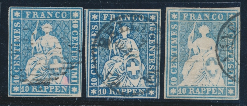 O N°23, 23A, 23G (N°27, 27d, 27b) 10r Bleu (x3) - TB - 1843-1852 Timbres Cantonaux Et  Fédéraux