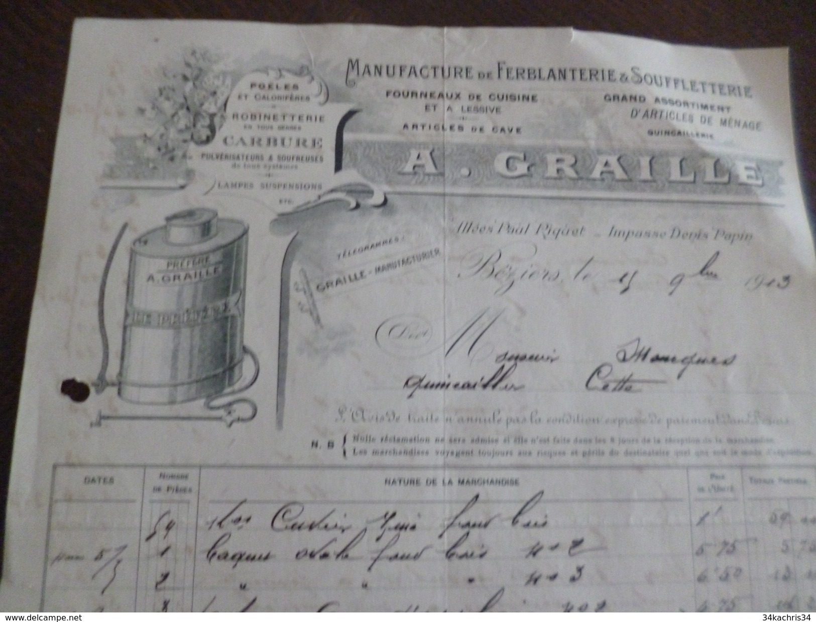 Facture Illustrée Béziers 1913 A.Graille Manufacture Ferblanterie Souffletterie Poêles Lampes.... - Other & Unclassified