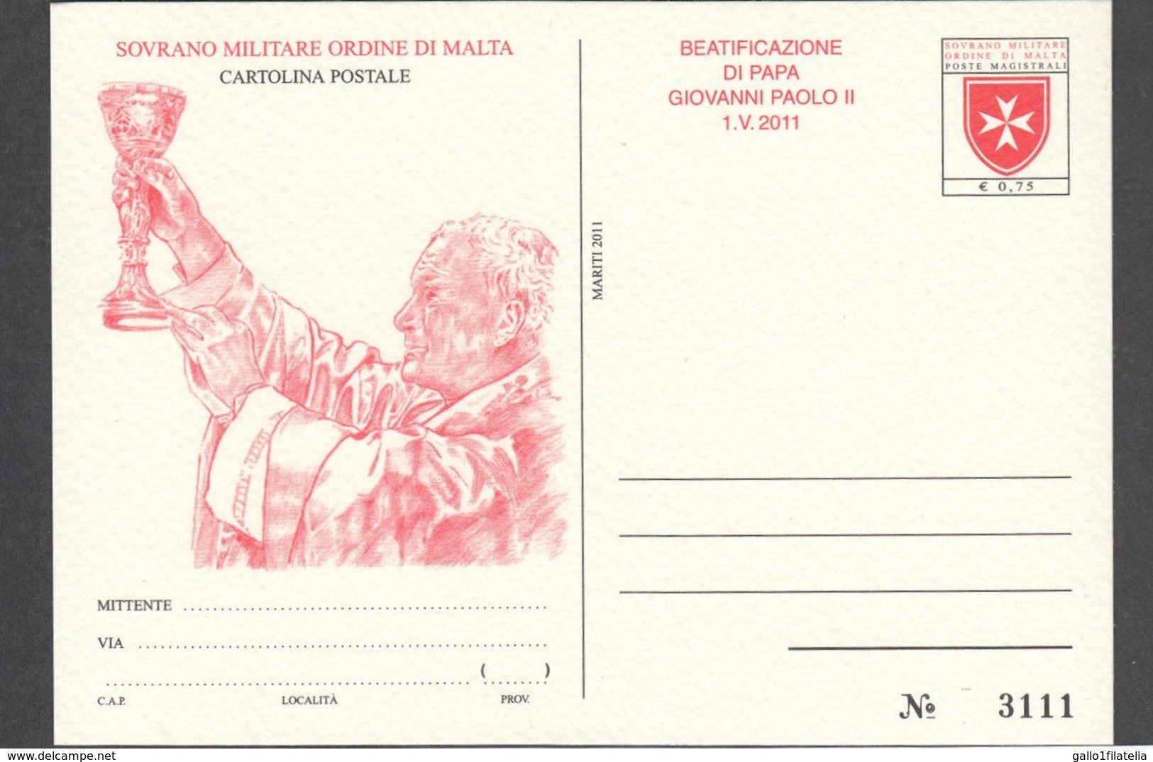 2011 - SMOM - CARTOLINA POSTALE - BEATIFICAZIONE DI PAPA GIOVANNI PAOLO II. MNH - Sovrano Militare Ordine Di Malta